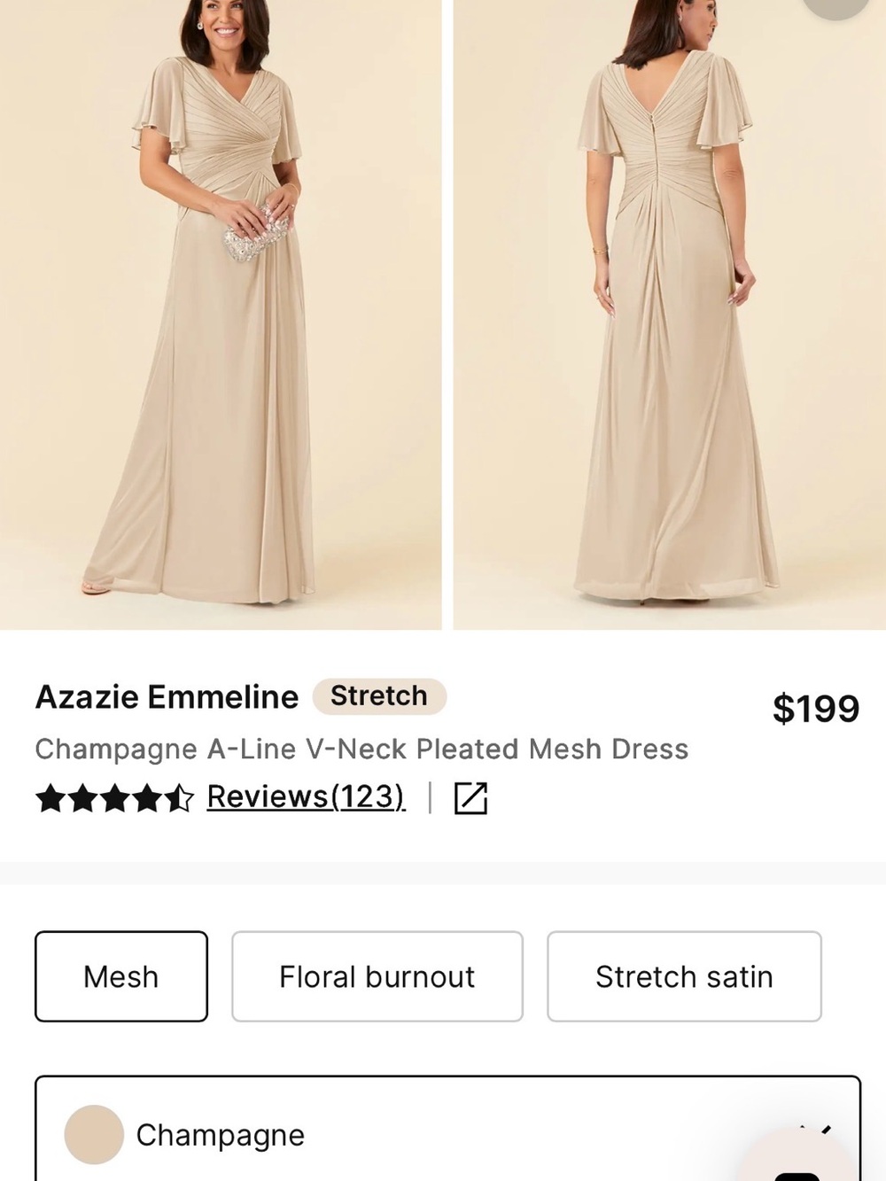 Azazie Champagne Emmeline V-Neck Pleated Mesh Gown